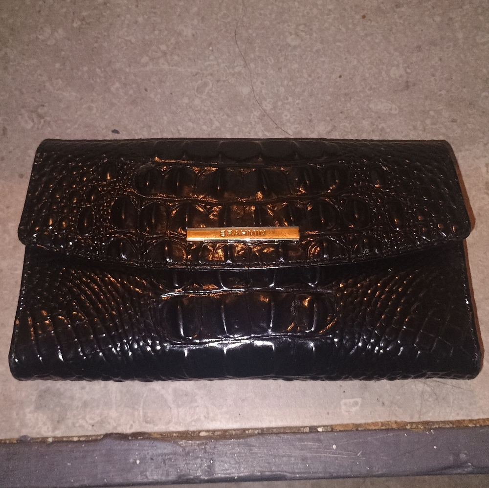AUTH GUC BRAHMIN BLACK CROCODILE EMBOSSED LEATHER CORDELIA SNAP WALLET